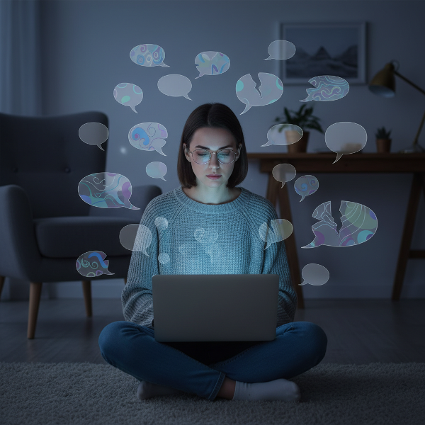En ung kvinna sitter ensam i ett rum med en dator, omgiven av tomma pratbubblor som symboliserar outtryckta känslor och kommunikationshinder.