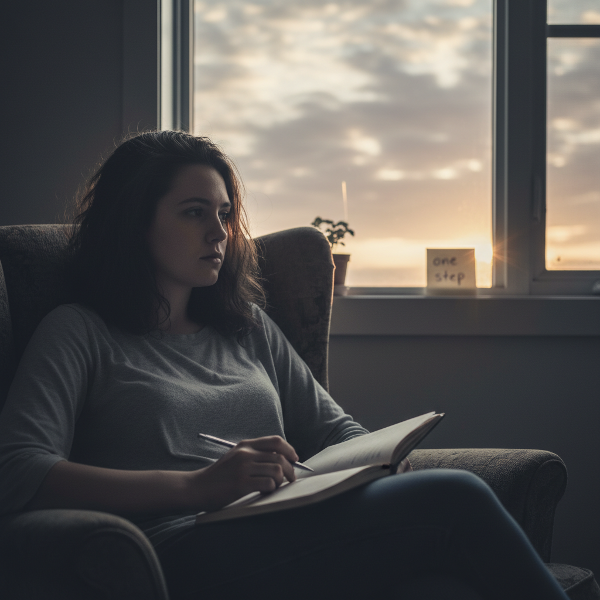 En ung kvinna upplever apati och söker hopp genom små steg som att skriva dagbok.