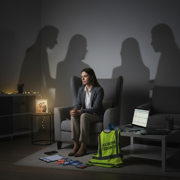 En ung kvinna känner sig tom och isolerad hemma efter en dag av att samordna volontärer, omgiven av skuggor av sin professionella roll medan hon längtar efter äkta samhörighet.