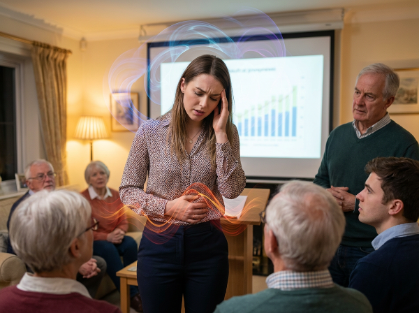 En ung kvinna upplever psykosomatiska symptom som migrän och magont i vardagliga situationer, med visuella symboler för kroppens kommunikation.