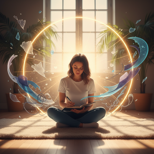 En ung kvinna reflekterar över relationer och ångest i en visuellt lugn miljö med symboler för inre konflikter och självomsorg.