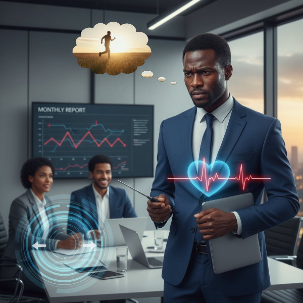 Mwanamume mhasibu anayeonyesha dalili za wasiwasi kazini wakati wa mikutano na kutayarisha ripoti, akiwa na mwili mkazo na mawazo ya kutoridhika.