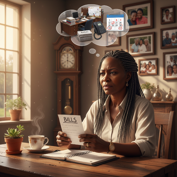 Picha inaonyesha Zawadi, mwanamke mwenye umri wa miaka 59, akikabili changamoto ya ucheleweshaji katika mazingira ya nyumbani yenye mwangaza na kuwakilisha mwanzo wa utaratibu kupitia hatua ndogo.