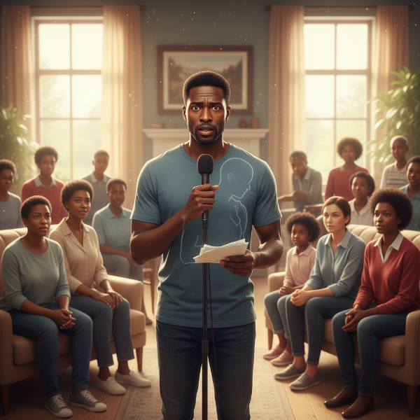 Mwanamume mwenye wasiwasi anasimama mbele ya familia yake, akiwa na dalili za kutengana na mwili wake wakati wa kuzungumza, huku wajumbe wakimtazama kwa msimamo wa kusaidia.