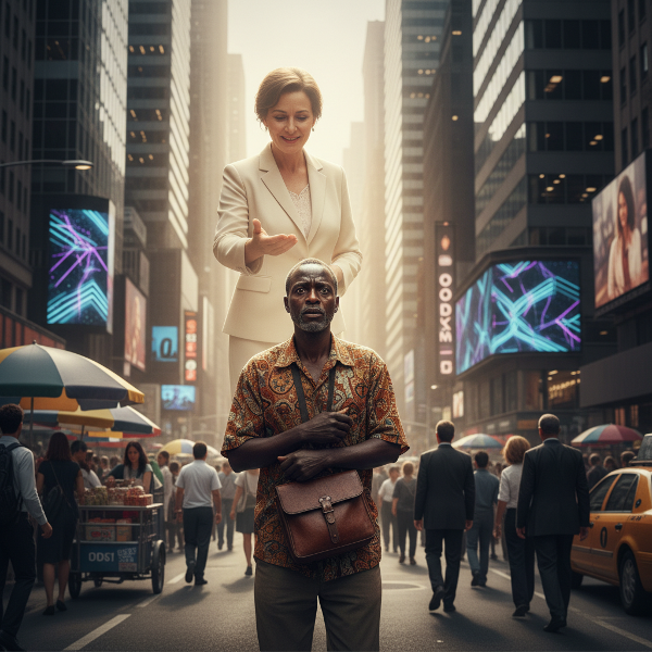 Mwanamume mwenye wasiwasi anasimama mjini akiwa amezungukwa na majengo makubwa na watu wengi, akiwa na dalili za hofu na msaikolojia akiwa tayari kumsaidia.