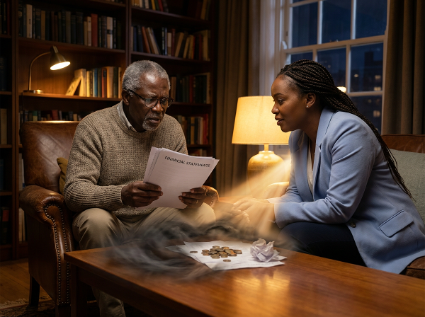 Picha inaonyesha Daktari Mwema, mwanaume mwenye umri wa miaka 61, akiwa na wasiwasi katika chumba chake usiku, akizungumza na mwanasaikolojia Mwangaza anayemtolezea nuru ya utulivu na ufahamu, ikionyesha kupunguzwa kwa hofu ya kifedha.