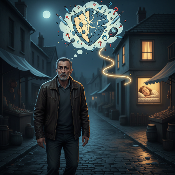 Picha inaonyesha Hassan akiwa sokoni usiku, akitembea kwa wasiwasi. Ufikirio wake unaonyesha ngao inayovunjika chini ya mkazo wa wasiwasi wa kujihami, wakati nyumbani kwao kuna utulivu. Picha inaonyesha mgogoro kati ya hofu yake na hali halisi ya amani.