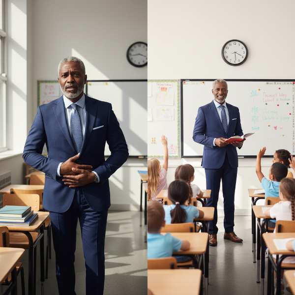 Picha inaonyesha mzee mwalimu akiwa na wasiwasi kabla ya darasa, kisha akifundisha kwa ujasiri baada ya dakika chache, ikionyesha mabadiliko ya hali ya wasiwasi kwenda utulivu.