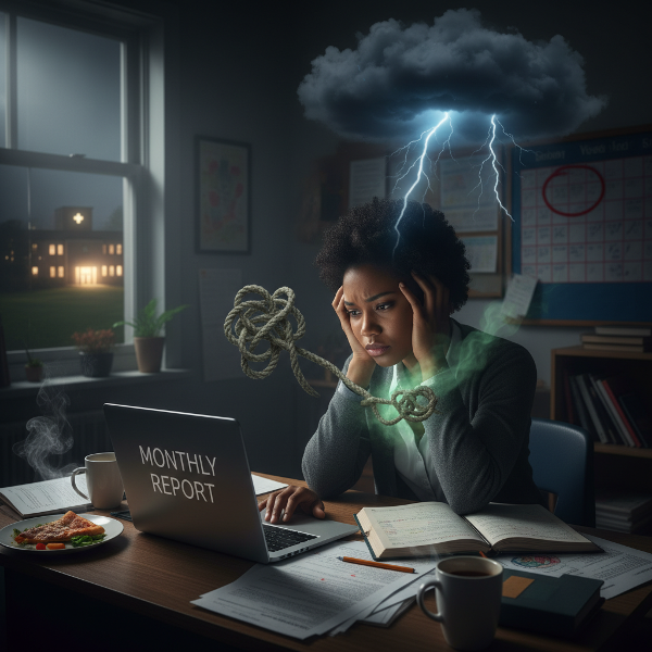 Mwalimu wa shule ya msingi anajisikia kuchoka, na wasiwasi usiku akiangalia skrini tupu ya ripoti, ikionyesha dalili za mkazo na uchovu wa kina.