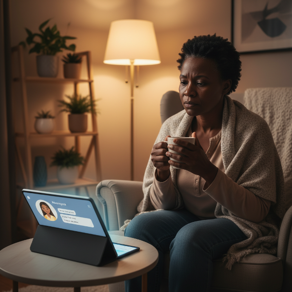 Mwanamke mwenye umri wa miaka 57 akiwa na mawazo, akiketi katika chumba chenye mwangaza wa upole na kutazama skrini inayoonyesha huduma ya usaidizi mkondoni, ikionyesha kutafuta mwanga na usuluhishi.