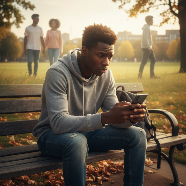 Mvulana mwenye wasiwasi anawaza kuhusu uhusiano wake huku mwangaza wa msaada ukimzunguka, na picha dhaifu ya wapenzi wawili nyuma yake.