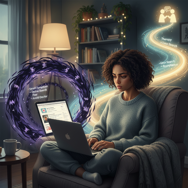 Picha inaonyesha msichana mwenye wasiwasi akikagua dalili za ugonjwa mtandaoni, pamoja na mzunguko wa hofu na njia ya matumaini ya kupata msaada.