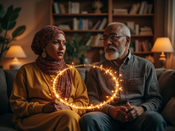 Picha inaonyesha wanandoa wazee wakijadiliana kwa makini kwenye kiti cha starehe, wakivunja mzunguko wa mabishano na kujenga uhusiano mpya wa uelewa na huruma.