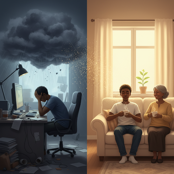 Picha inaonyesha kijana mwanaume akiwa na uchovu na msongo ofisini, kisha anapata utulivu na msaida nyumbani, ikionyesha mpito kutoka giza hadi nuru.