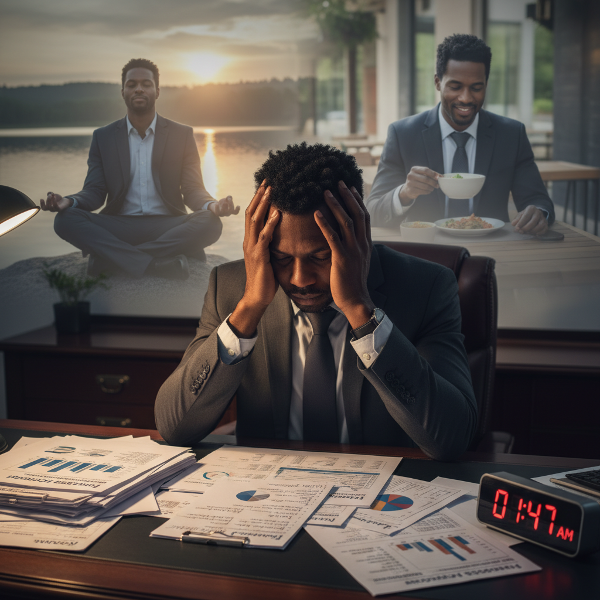 Mwanamume mwenye uchovu wa kiakili anayetafuta usawa kati ya mzigo mkubwa wa kazi na haja ya kupumzika na maisha ya kibinafsi.