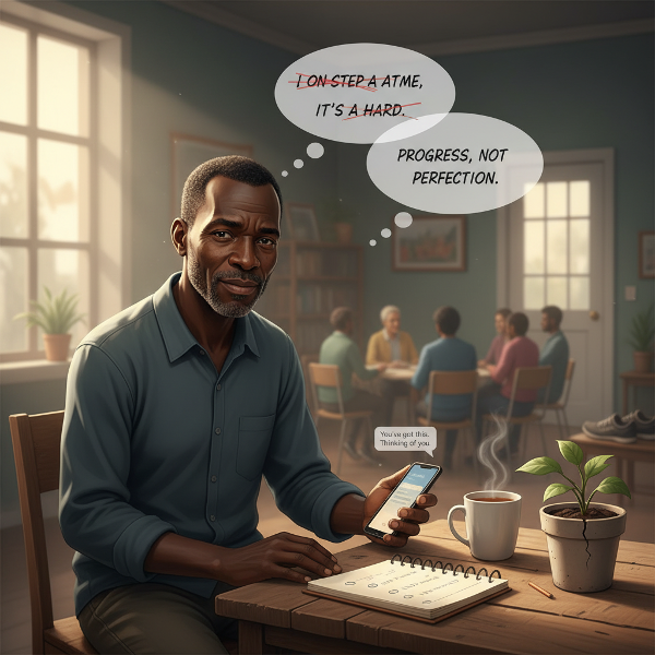 Picha inaonyesha Juma, mwanaume wa miaka 52 akiwa kwenye chumba kilicho na mwangaza mpole, akionyesha uchovu lakini pia uamuzi. Ina viashiria vya utunzaji binafsi, malengo madogo, usaidizi wa kijamii, na udhibiti wa mawazo yanayowakilisha ushauri uliotolewa.