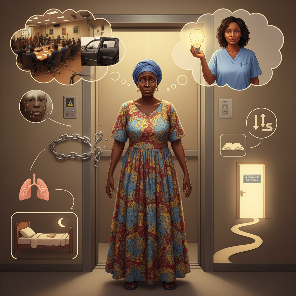 Picha inaonyesha mwanamke mwenye wasiwasi (Zawadi) ndani ya lifti ndogo, akiwa na vizuizi vya mawazo ya hofu. Upande mwingine, mwanasaikolojia (Mwangaza) anaonyesha njia ya matibabu kupitia taa ya mwanga, pamoja na alama za kupumua kwa kina, usingizi mzuri, na njia ya kwenda kwa daktari.