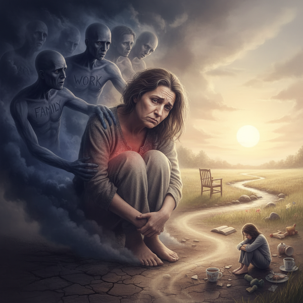 Picha inayoonyesha mwanamke mwenye uchovu wa kiroho na hasira ya ndani anayezungukwa na majukumu ya wengine, akiwa na mwanzo wa njia inayoongoza kwenye nafasi ya utulivu na kujitunza.
