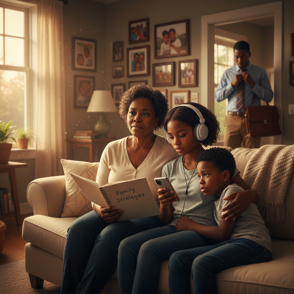 Mama Mwangaza, mwanamke wa miaka 57, anakaa kwenye sebule yenye picha za familia, akifikiria kwa kina. Msichana wake wa miaka 15 anaangalia simu akiwa na vipasuo masikioni, akionyesha kutojali. Mvulana mdogo wa miaka 9 anambamba, akiwa na hofu. Mume wake anaonekana mgumu na mwenye uchovu nyuma, akiwa na mfuko wa kazi. Mama anashika daftari lenye kichwa 'Mikakati ya Familia'. Mwangaza wa jioni unaingia dirishani, ukionyesha tumaini na nia ya kuimarisha uhusiano.