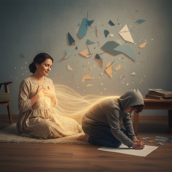 Picha inaonyesha Mama Asha akiwa na mtoto wake mwenye umri wa miaka 12 katika chumba chenye mwangaza wa upole. Mtoto anajitenga na kuonekana na hasira, lakini mwangaza wa huruma kutoka kwa mama unamfunika, ukionyesha usalama na mwanzo wa uponyaji. Mandhari ya nyuma inaonyesha mabishano ya zamani yanayotulizwa polepole.