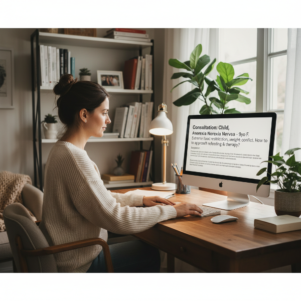 Mwanasaikolojia mwanamke mwenye huruma akiangalia swali gumu kwenye kompyuta yake kuhusu ugonjwa wa anorexia ya mtoto, katika ofisi ya nyumbani yenye mwangaza wa upole na usalama.