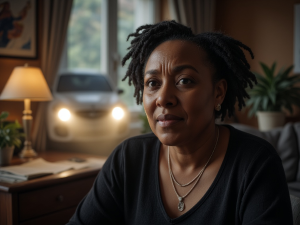 Picha inaonyesha mwanasaikolojia mwanamke mwenye umri wa miaka 59 akiwa katika ofisi yake ya kirafiki, akifikiria kwa kina juu ya swali la mgonjwa anayesumbuliwa na ndoto za ajali ya zamani, na kielelezo cha gari kinachoonekana kwa njia ya ndoto nyuma yake.