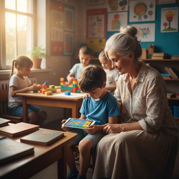 Mwalimu wa shule ya vijijini anamsaidia mvulana mwenye wasiwasi kujihusisha na wenzake katika mazingira ya darasa yenye fahamu na usalama.