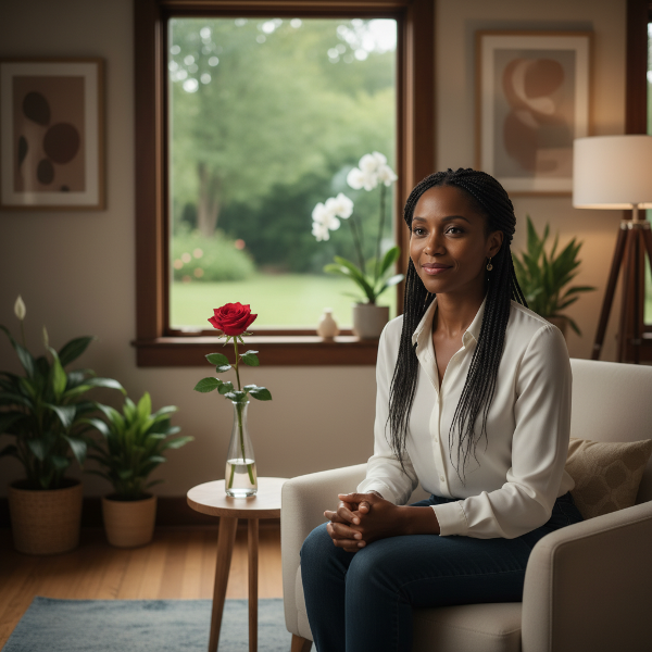 Mwanasaikolojia Mwangaza, mwanamke mwenye fahamu na huruma, akiwa katika chumba cha matibabu kilicho na mwangaza wa upole na mandhari ya bustani nyuma yake, akitoa msaada na uelewa.