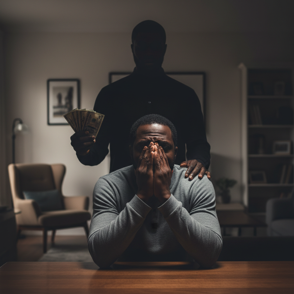 Mwanamume mwenye wasiwasi akifikiria kuhusu pesa anazopokea kwa siri kutoka kwa mpenzi wake, na kujisikia kama anadhibitiwa.