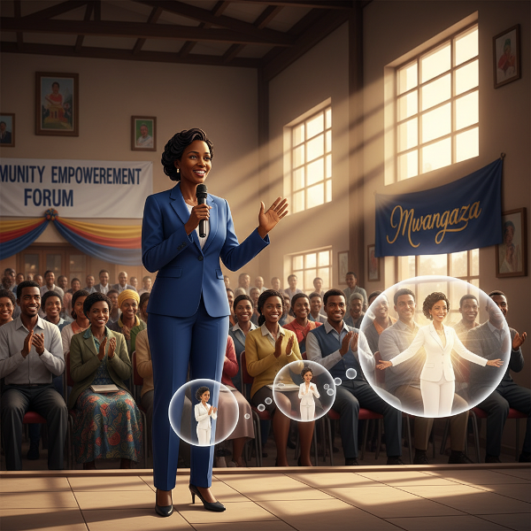 Mwanamke mwenye ujasiri anatoa hotuba kwa umma, akionyesha ushindi wa hofu ya kuzungumza umma na ukuaji wa kujithamini.