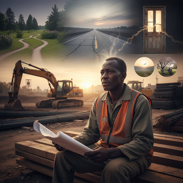 Mwanamume mwenye umri wa miaka 42 anayeitwa Zuberi ameketi kwenye tovuti ya ujenzi wakati wa machweo, akiwa na uchovu na kufikiria huku akishika ramani ya ujenzi. Mandhari inaonyesha mifano ya kuona ya kutafuta maana maishani.