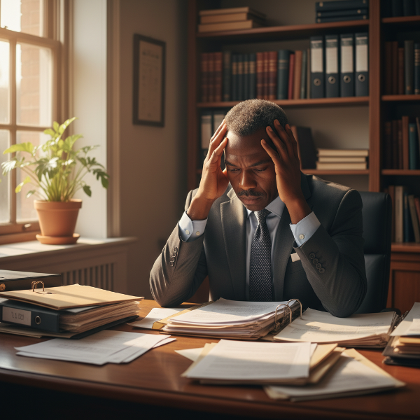 Mwanamume mwenye umri wa miaka 48 akiwa kwenye ofisi ya serikali, akifikiria kwa kina kuhusu changamoto zake za kazi na kutafuta nguvu mpya, huku mwangaza wa tumaini ukimogelea.