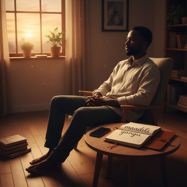 Mwanamume mwenye mawazo anayetafuta maana na mwelekeo maishani, akiwa katika pumziko kutoka kwenye mzunguko wa kila siku wa simu na mitandao.