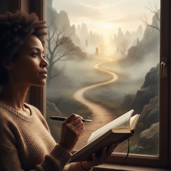 Mwanamke mwenye wasiwasi akitafakari karibu na dirisha, akiwa na daftari, na nyuma yake njia nyingi zikipita katika mandhari yenye ukungu, zikionyesha kutafuta mwelekeo maishani.