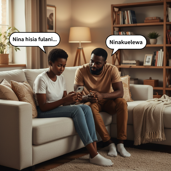 Picha inaonyesha mwanamke mwenye umri wa miaka 27, Amina, akiwa na mpenzi wake katika majadiliano makini ya kihemko. Anaonyesha wasiwasi wakati mpenzi wake anamsikiliza kwa makini, ikionyesha mazingira ya usikivu na uelewano katika uhusiano.