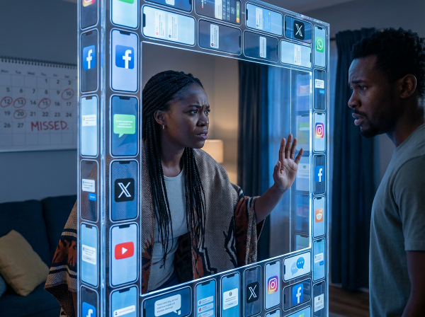 Picha inaonyesha mwanamke anayeitwa Zawadi akiwa kwenye kizimbani cha mwanga kinachotokana na skrini za simu, akijaribu kumfikia mume wake aliye nje, ikionyesha athari za uraibu wa kidijitali kwenye ndoa na maisha yake.