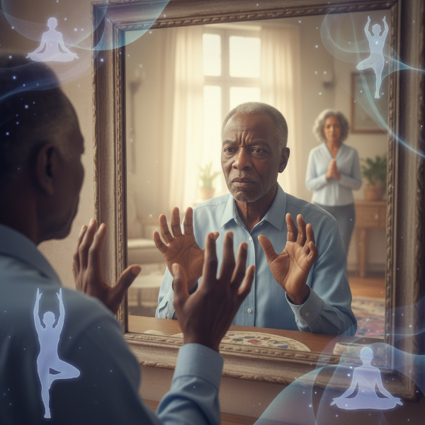 Mzee wa miaka 63 anatazama kioo kwa mshangao na kutojitambua, akihisi mwili wake kama mgeni. Mke wake anasimama mbali akiwa na wasiwasi. Picha inaonyesha hisia za kutojitambua na mbinu za kutulia kama yoga na mazoezi ya kupumua.