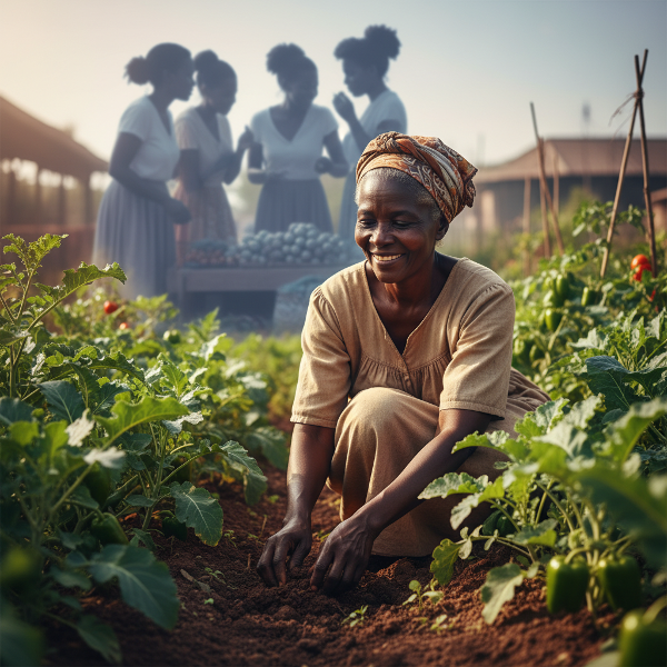 Mwanamke mzee akipanda mboga kwenye bustani yake akiwa na amani, wakati kwenye mandhari ya nyuma kuna kundi la wanawake wanaongea kwa siri, kuonyesha tofauti kati ya utulivu wake peke yake na wasiwasi wake katika mazingira ya kijamii.
