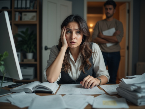 Picha inaonyesha mwanamke mwenye miaka 35 akikabiliwa na kuchoka kihemko na msongo wa kazi akiwa kwenye ofisi ya nyumbani, akiwa na wasiwasi wakati mke wake anamtazama kwa huzuni. Picha inasisitiza umuhimu wa usaidizi wa kisaikolojia.