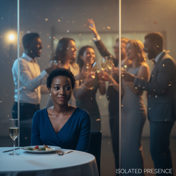 Picha inaonyesha mwanamke mwenye umri wa miaka 30, Zawadi, ameketi peke yake kwenye sherehe ya ofisi iliyojaa watu. Ana tabasamu la kijamil lakini macho yake yanaonyesha upweke na kutengwa. Kuna ukuta wa kioo usioonekana wazi unaomtenga na wenzake wanaocheka nyuma. Mwangaza wa laini na wa huzuni unaonyesha hali ya kutengwa kihisia hata kati ya watu wengi.