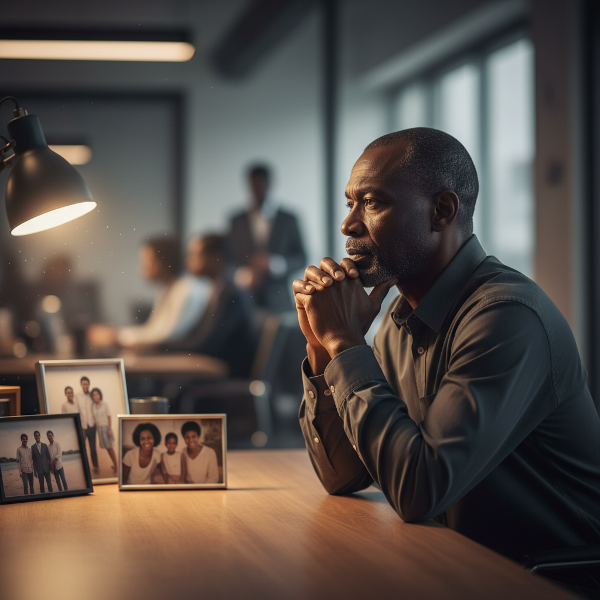 Mwanamume mwenye umri wa miaka 50 anayekaa peke yake ofisini, akijisikia upweke hata akiwa na watu. Picha inaonyesha kutengwa kihisia na hitaji la kuungana tena na familia na wenzake.