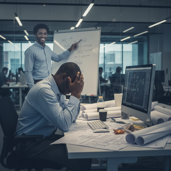 Mhandisi mwenye miaka 57 akiwa na uchovu wa kiakili ofisini, akitazama ramani za uhandisi huku akishikilia kichwa chake, akionyesha wasiwasi na kukosa mwelekeo katika kazi yake.