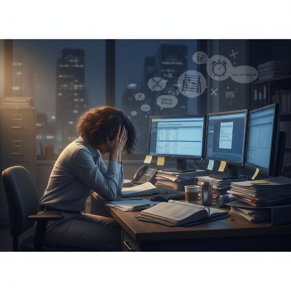 Picha inaonyesha mwanamke mhasibu mwenye umri wa miaka 45 akiwa amechoka kwenye dawati lake lililojaa karatasi za kifedha na skrini za kompyuta. Mawazo ya makosa ya kazi yanazunguka kichwani kwake, lakini mwangaza wa upole unaangaza kutoka upande mmoja ukionyesha tumaini na mwongozo.