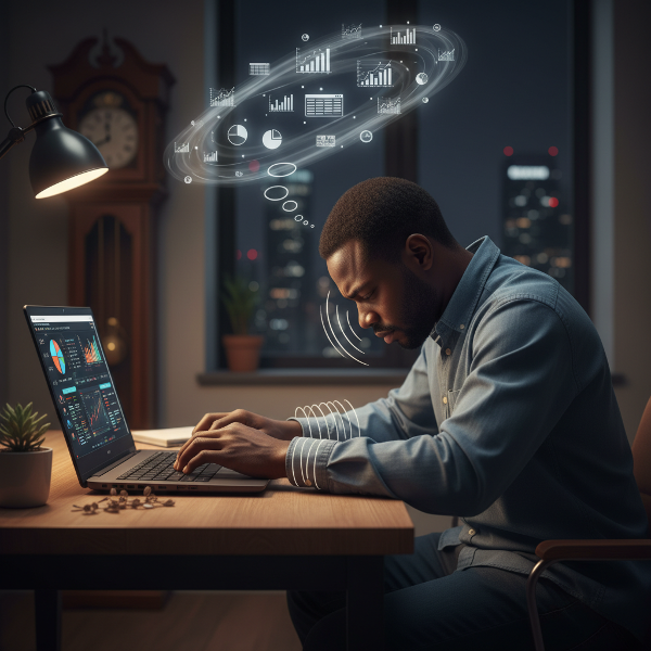 Mwanamume mwenye uchovu wa kina ameketi kwenye dawati na kompyuta kibao, akiwa na dalili za kimwili za msongo wa mawazo na uchovu sugu, huku mazingira yakiashiria usahaulivu wa mahitaji ya kibinafsi.