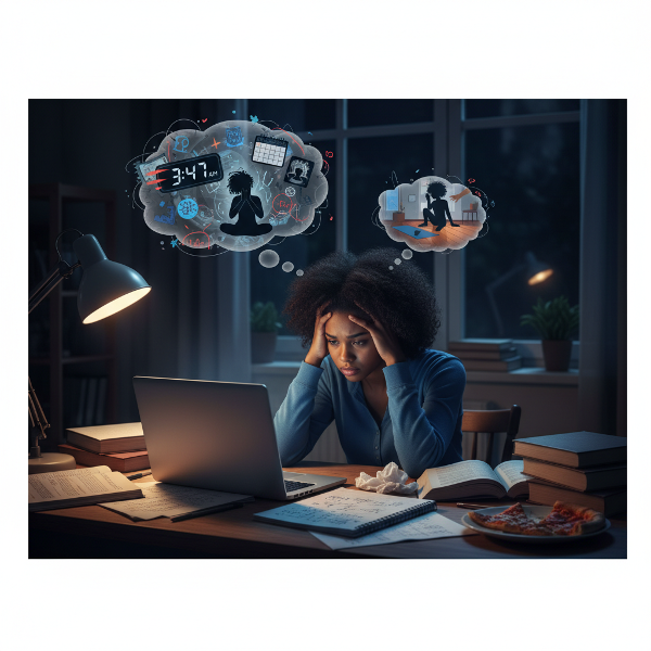 Picha inaonyesha msichana mchanga mwenye uchovu akikabiliwa na mzigo wa kazi usiku, ikionyesha mawazo yake yanayochanganyikiwa na njia za kupumzika na usaidizi.