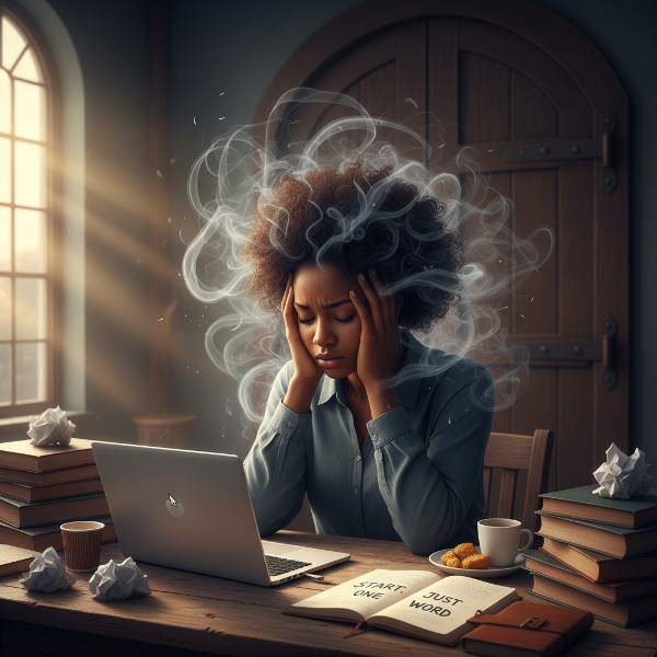 Mwanamke mwandishi anayeshughulikia uchovu wa kina na msongo wa mawazo akiwa kwenye dawati, akiangaliwa na mwangaza wa asubuhi na uzi wa mawazo yanayotaka.