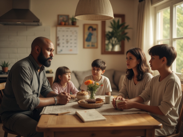 Picha inaonyesha wanandoa wazazi wakijadiliana kwa utulivu kwenye meza jikoni, huku watoto wao wawili wakicheza kwa usalama na furaha nyuma. Mazingira ya nyumba yana mwangaza na amani, yanayoashiria urekebishaji wa uhusiano na malezi bora kwa watoto.
