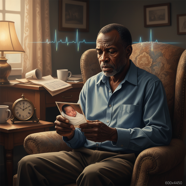 Picha inaonyesha Bakari, mwanaume mwenye umri wa miaka 59, akiwa na huzuni na uchovu, akishika picha ya mtoto wake mpya. Mazingira yanaonyesha dalili za uchovu wa kina, wasiwasi wa afya, na usiku usio na usingizi kupitia saa na karatasi zilizotawanyika.