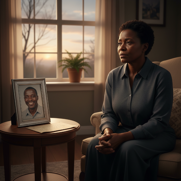 Picha inaonyesha mwanamke mwenye umri wa miaka 58, Zawadi Mwanga, akiketi kwa utulivu akitazama nje ya dirisha wakati wa machweo. Kando yake kuna picha ya mtu aliyepotea na barua. Mwanga wa laini unaangaza uso wake na picha, ikionyesha huzuni, kumbukumbu, na matumaini ya uponyaji.