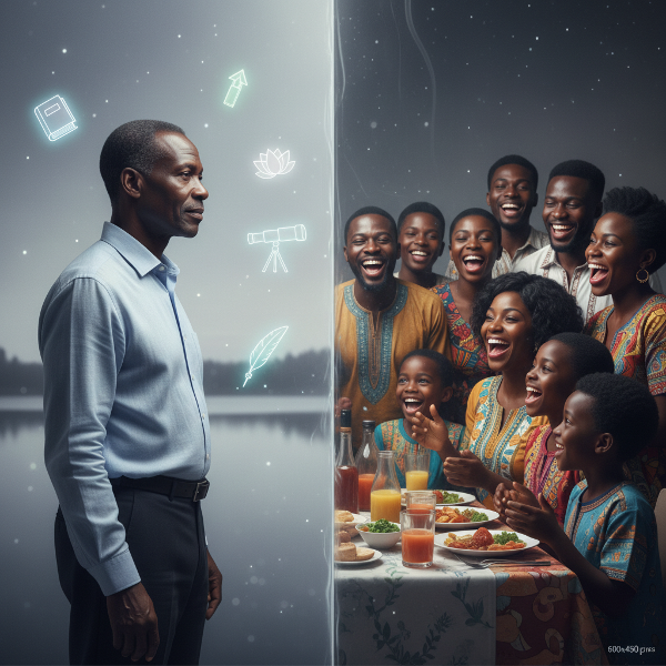 Mwanamume mwenye umri wa miaka 57 anasimama kando ya mkutano wa familia, akizungukwa na watu wanaozungumza na kucheka, lakini kuna kioo kilichobanana kinachomtenga. Anaonekana mtulivu lakini anahisi kutengwa, akiwa na mawazo yake ya ndani yanayozunguka kichwani wakati anatazama mdundo wa mazungumzo usioweza kuingia.